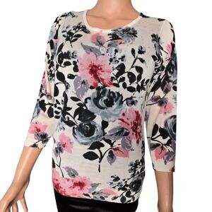 Rebecca Malone Floral Rhinestone 3/4 Sleeve Sweater White Coral Small NEW